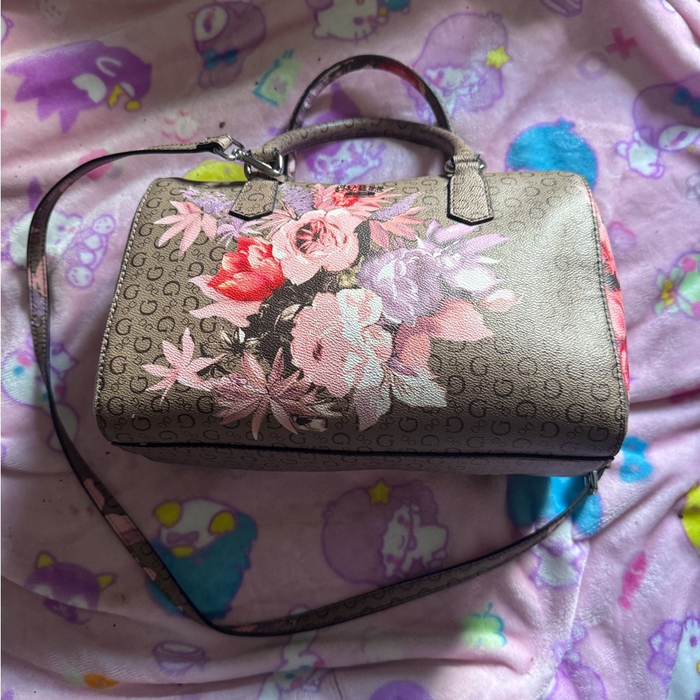 Guess Gray and Pink Floral Satchel